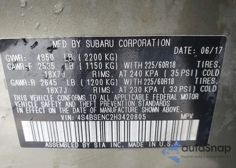 2017 Subaru Outback 3.6R Limited from USA, damaged, VIN 4S4BSENC2H3420805